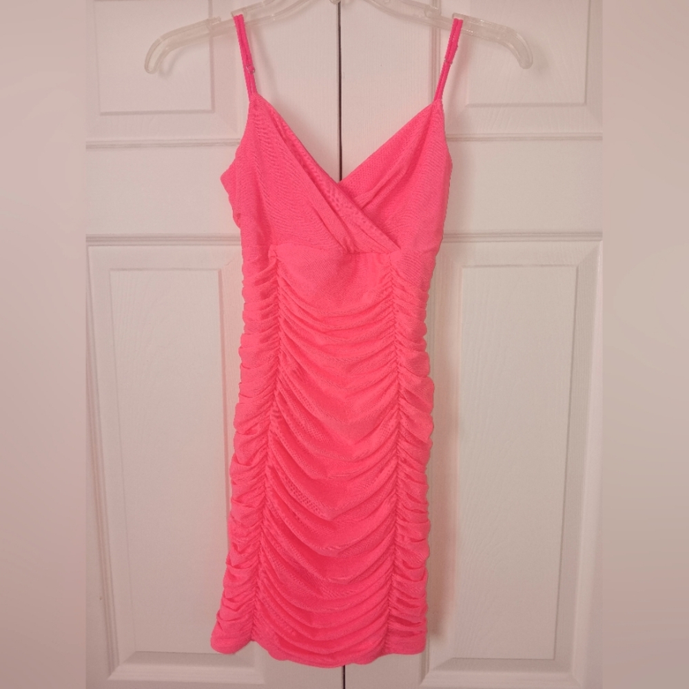 Lucy In The Sky Neon Pink Ruched Mini Dress. Size S.